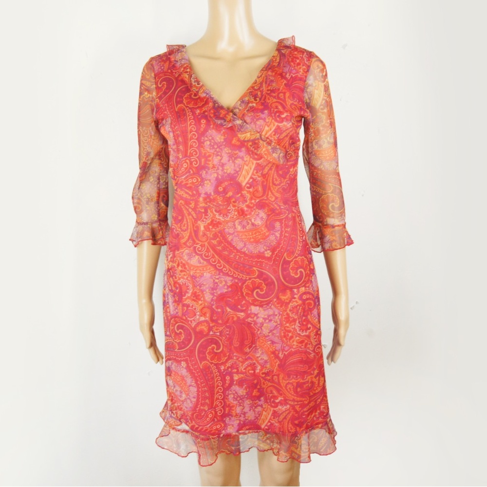 Vintage 90s 00s Y2K Le Chateau Pink Paisley Frill Overlay Sheer Sleeve Dress